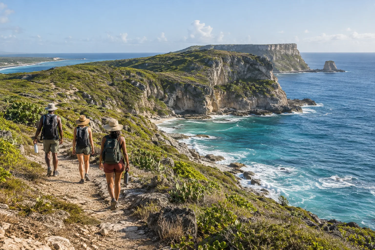 Illustration éditoriale de voyageurs marchant sur un sentier côtier