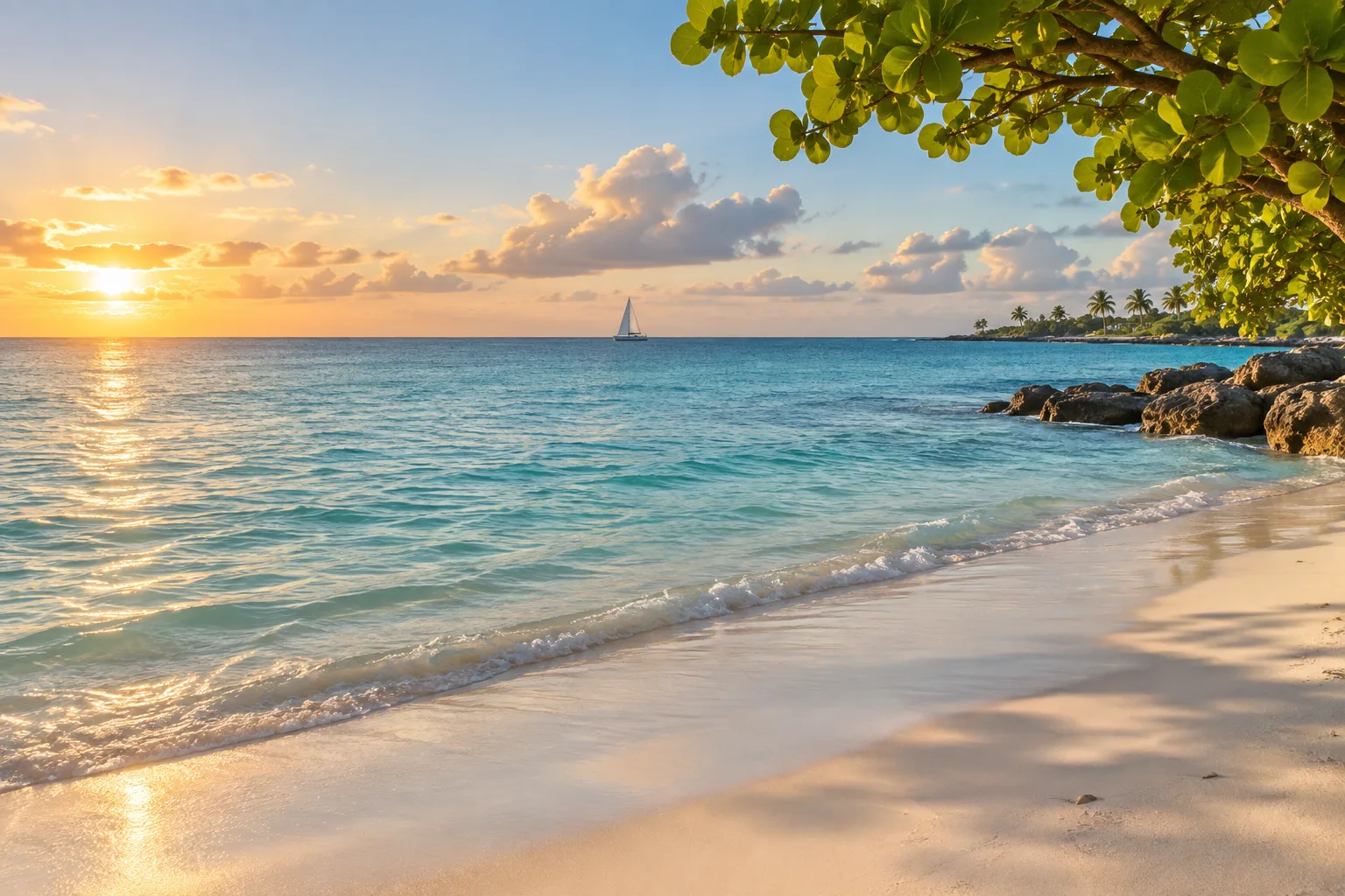 Illustration éditoriale d’un littoral tropical au lever du soleil