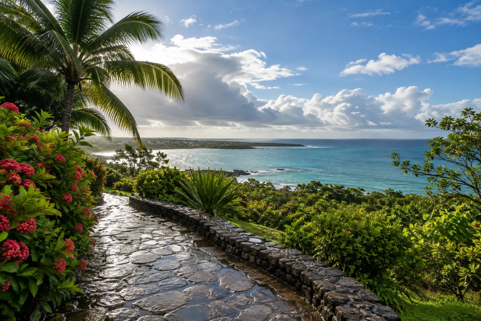 Illustration éditoriale d’un littoral tropical après une averse