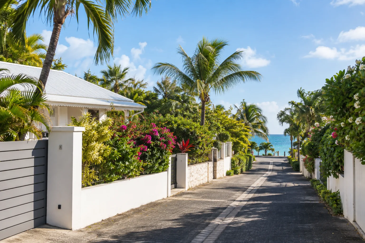 Illustration éditoriale d’une rue résidentielle tropicale proche de la mer